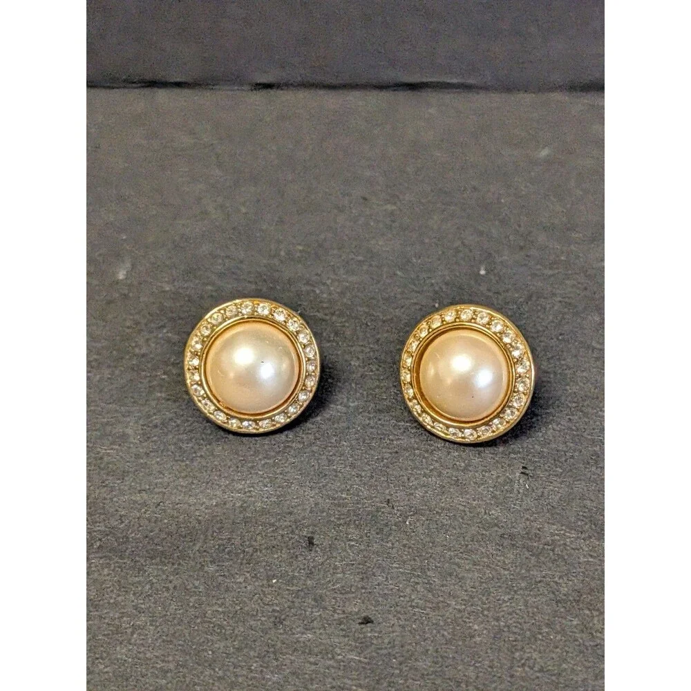 Christian Dior Gold Tone Faux Pearl Earrings With Rhinestones